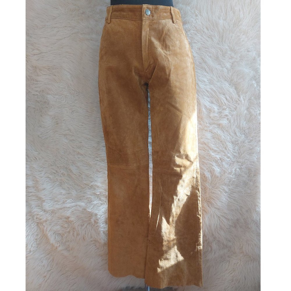 Fair Weather Women's Tan Genuine Suede Leather Wide Legs Boot Cut Pants Size: 10